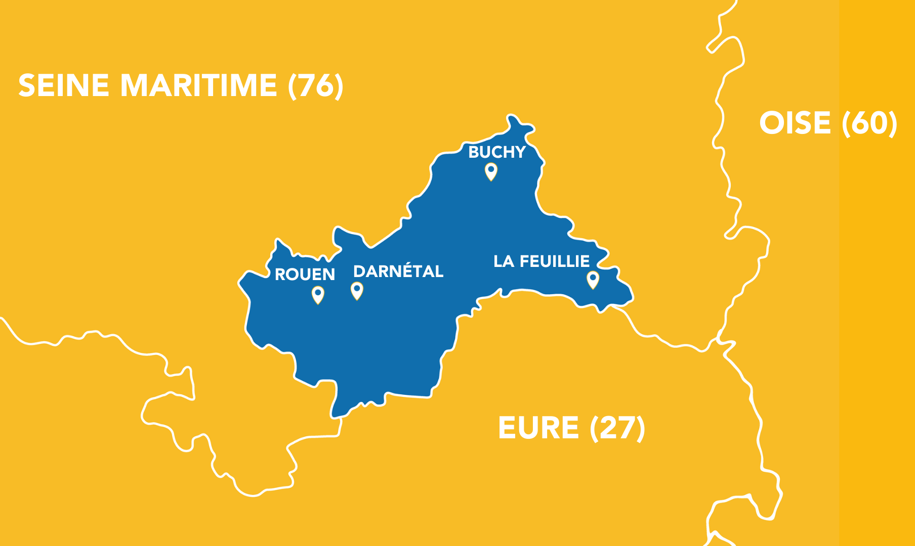 Carte représentant le secteur géographique d'intervention de Relais Horizon Emploi. Une zone est délimité autour de Rouen, allant jusquà Buchy au Nord Ouest et La Feuillie à l'Ouest.