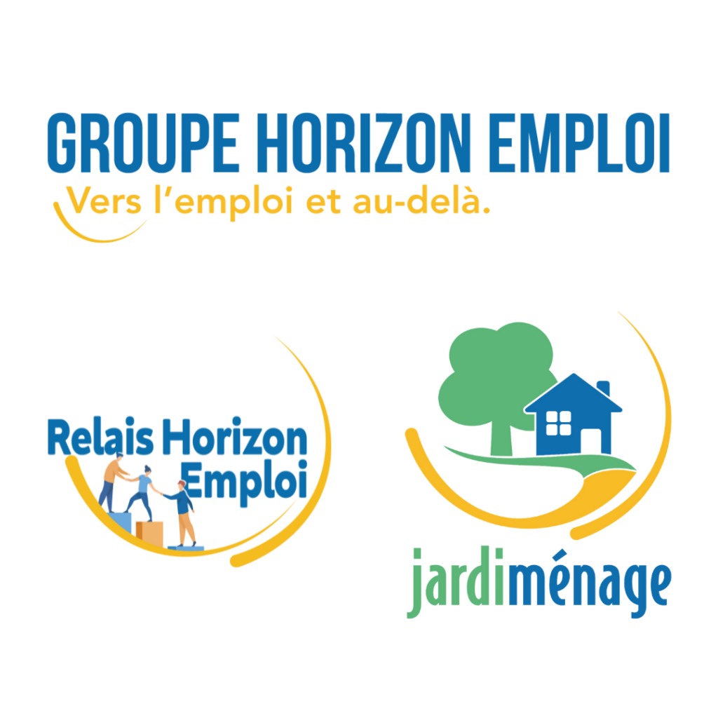 Logo du Groupe Horizon Emploi - slogan "Vers l'emploi et au-delà", surpassant les logos de Relais Horizon Emploi et de Jardiménage